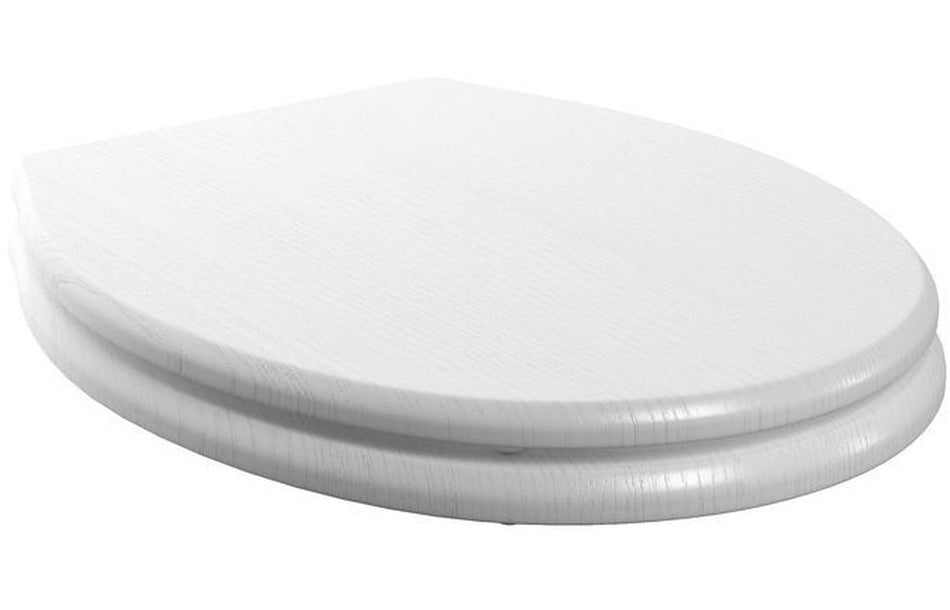 Soft-close toilet seat, satin white wood-effect finish, round lid