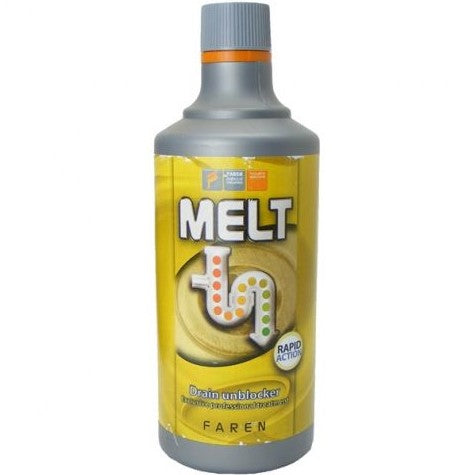 Drain cleaner bottle with yellow MELT label and gray screw cap