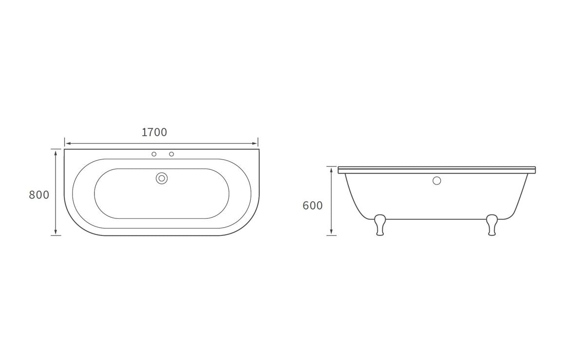 Back-to-wall bath size diagram: 1700 x 800 x 600 mm with feet