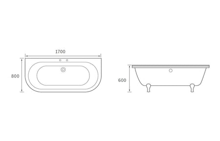 Back-to-wall bath size diagram: 1700 x 800 x 600 mm with feet