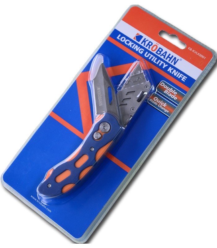 Orange and blue folding locking utility knife with exposed metal blade