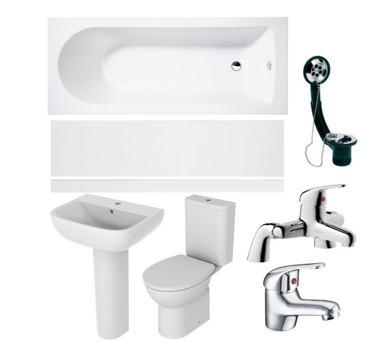 Bathroom suite parts: white bathtub, pedestal basin, toilet, faucets, and drain waste