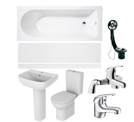 Bathroom suite parts: white bathtub, pedestal basin, toilet, faucets, and drain waste