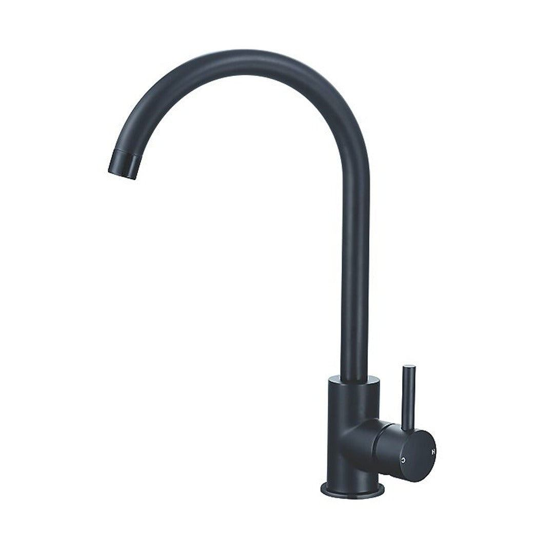 Matt black single-lever kitchen sink mixer tap with curved spout