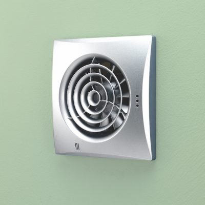 Wall-mounted extractor fan with timer, silver housing and circular black fan grille