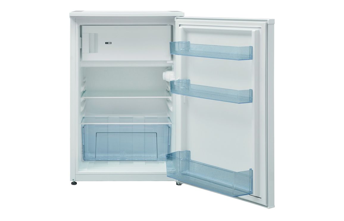 Indesit freestanding fridge with ice box, open door showing shelves and ice box