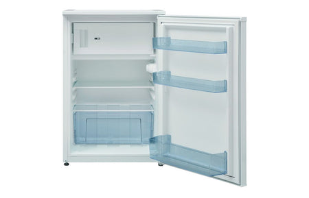 Indesit freestanding fridge with ice box, open door showing shelves and ice box