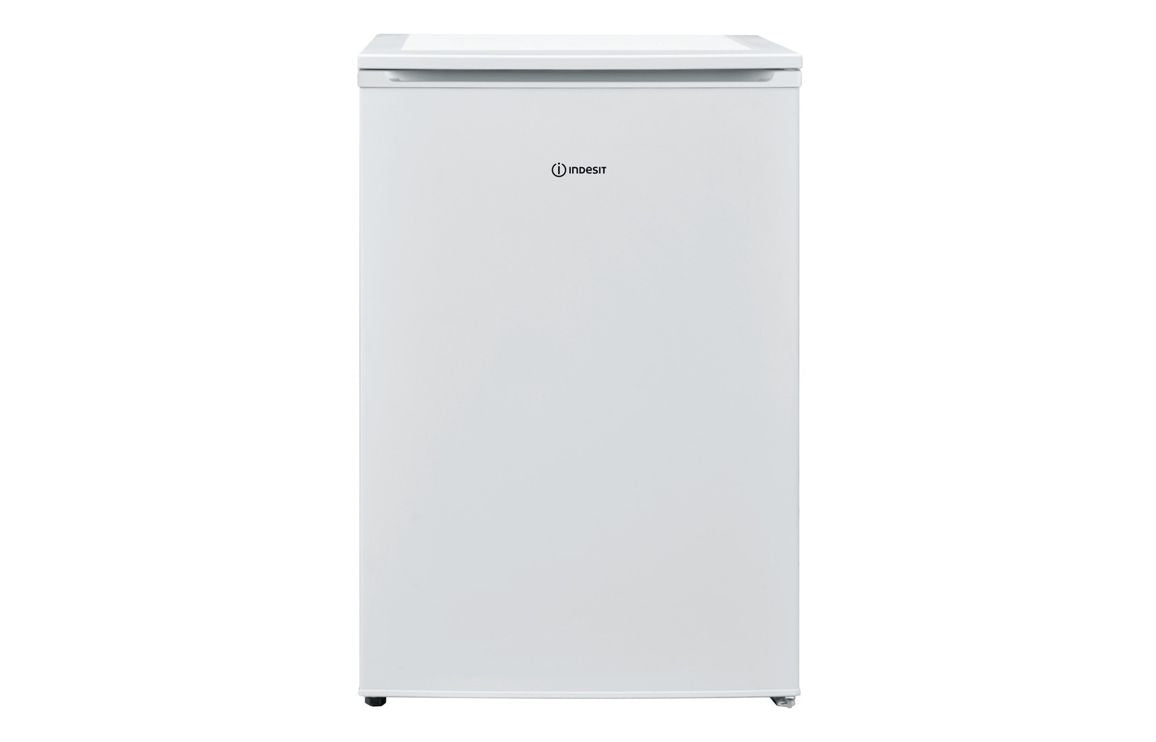 Indesit freestanding fridge with ice box, white closed front view
