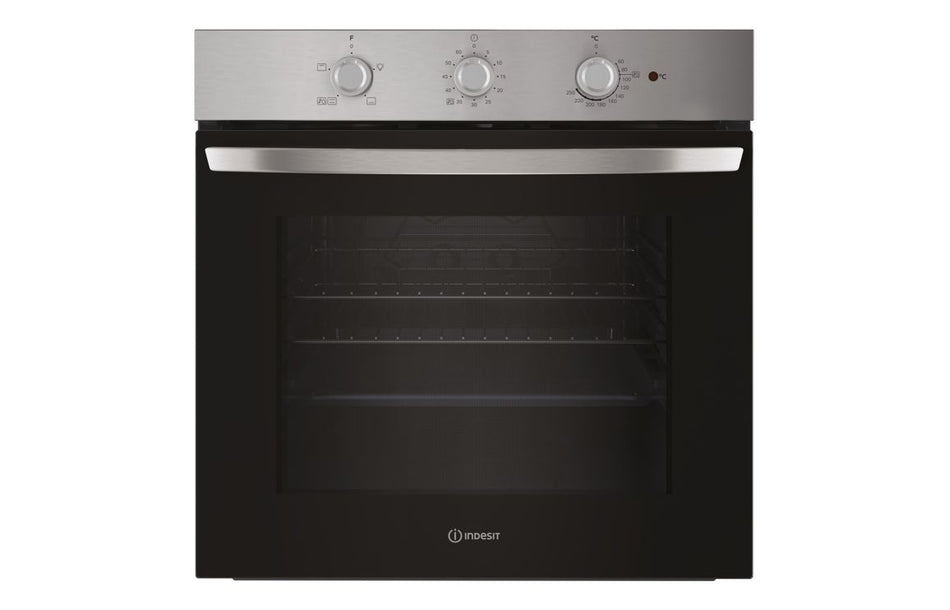 Stainless and black built-in single electric oven with three control knobs