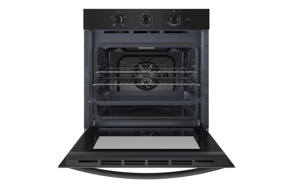 Black single electric oven door open, showing oven cavity with wire racks