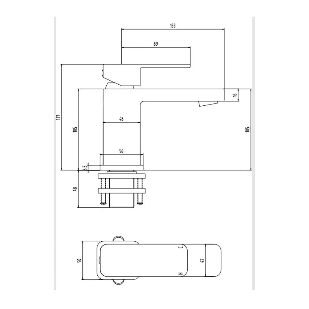 Technical line drawing of mono basin mixer tap with push waste dimensions