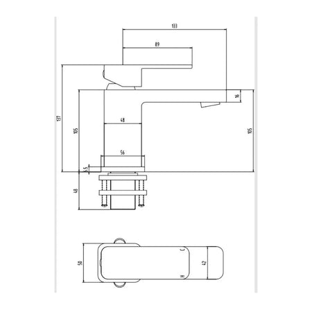 Technical line drawing of mono basin mixer tap with push waste dimensions