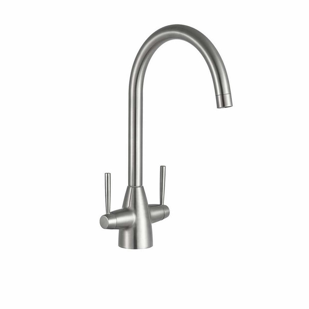 Brushed steel dual-lever kitchen sink mixer tap with tall curved spout
