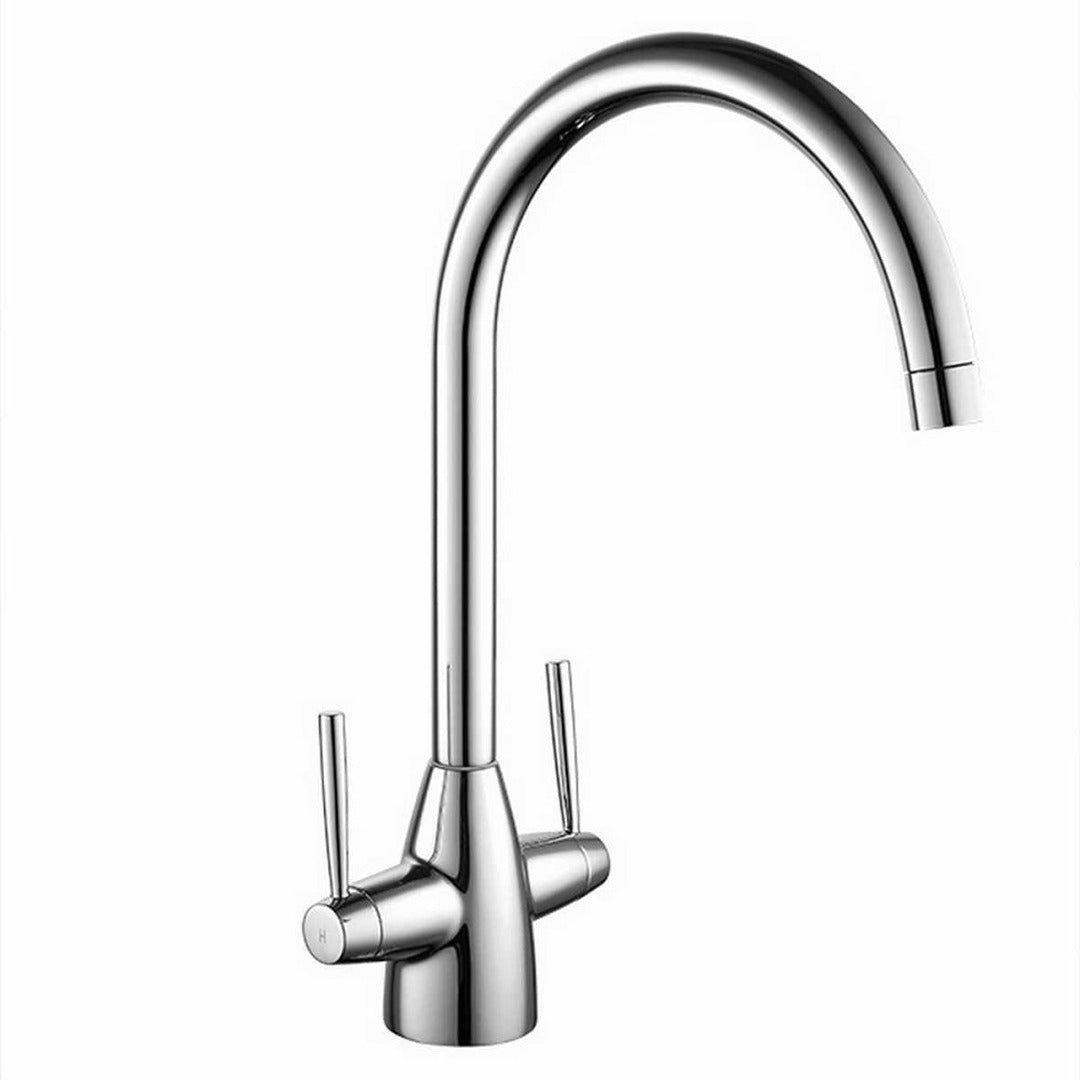 Chrome dual-lever kitchen sink mixer tap with curved spout and lever handles