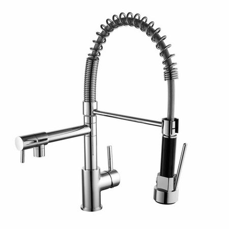 Dual-spout kitchen sink mixer tap with arched spring hose in chrome finish