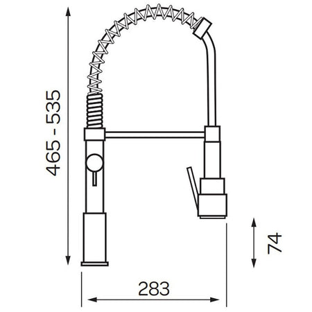 Dimensioned line drawing of dual-spout sink mixer tap with arched spring hose