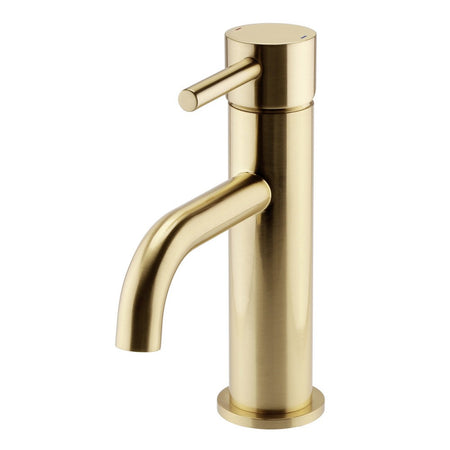 Brushed brass mono basin mixer tap with tall cylindrical body and single lever