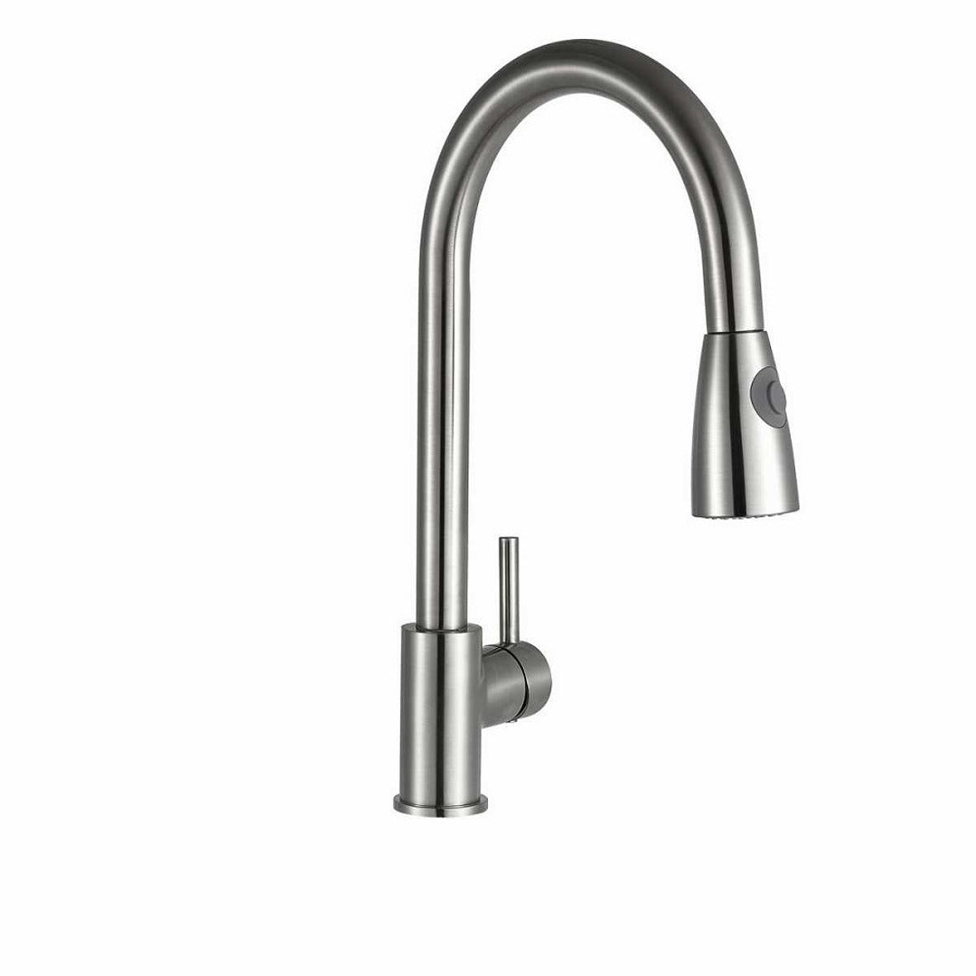Brushed steel kitchen sink mixer tap with tall curved spout and pull-out spray head