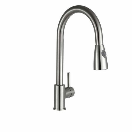 Brushed steel kitchen sink mixer tap with tall curved spout and pull-out spray head