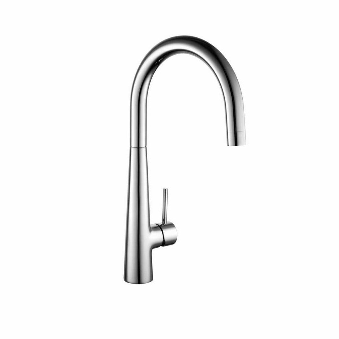 Brushed steel single-lever kitchen sink mixer tap with arched spout and side lever