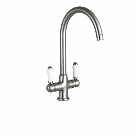 Traditional kitchen sink mixer tap with brushed steel finish and curved spout, two white handles