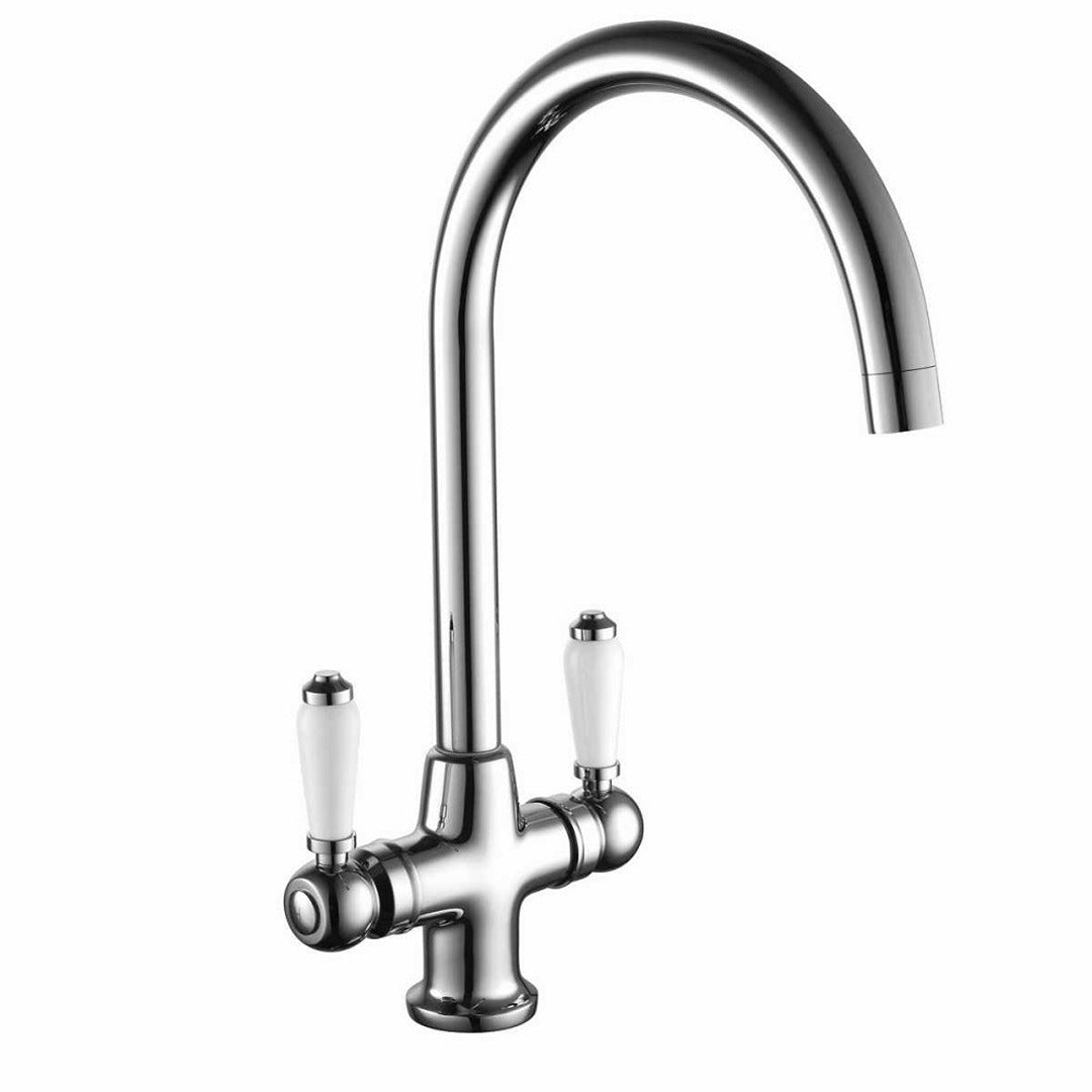 Chrome traditional kitchen sink mixer tap with two cross handles and arched spout