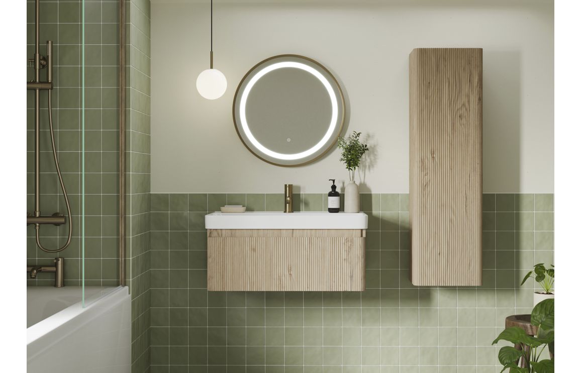 Wall-hung vanity with white basin and vertical textured oak cabinet panel
