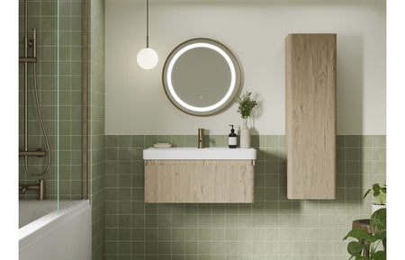 Wall-hung vanity with white basin and vertical textured oak cabinet panel