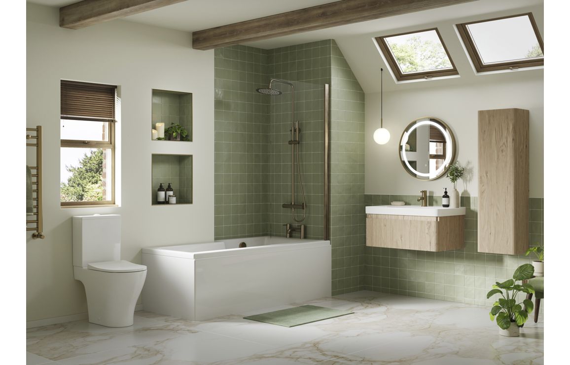Wall-hung vanity with white basin and textured oak cabinet front