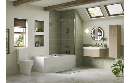 Wall-hung vanity with white basin and textured oak cabinet front
