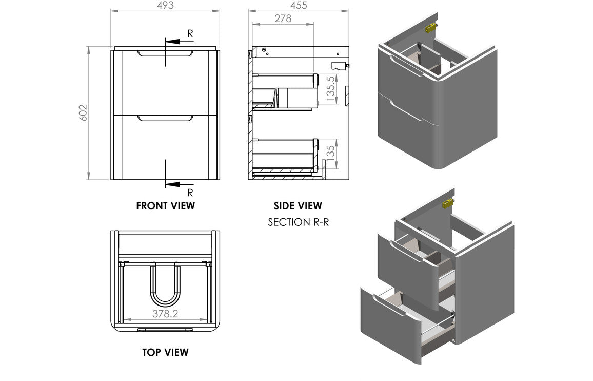 Matt gray 2-drawer basin unit technical drawing: front, side section, and drawer layout