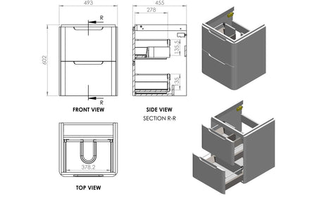 Matt gray 2-drawer basin unit technical drawing: front, side section, and drawer layout