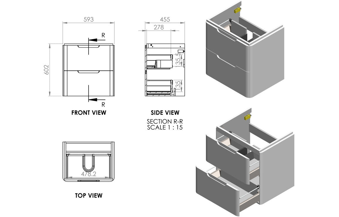 Matt gray 2-drawer basin unit technical diagram: front, side, top, and section views