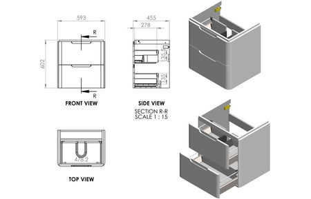 Matt gray 2-drawer basin unit technical diagram: front, side, top, and section views