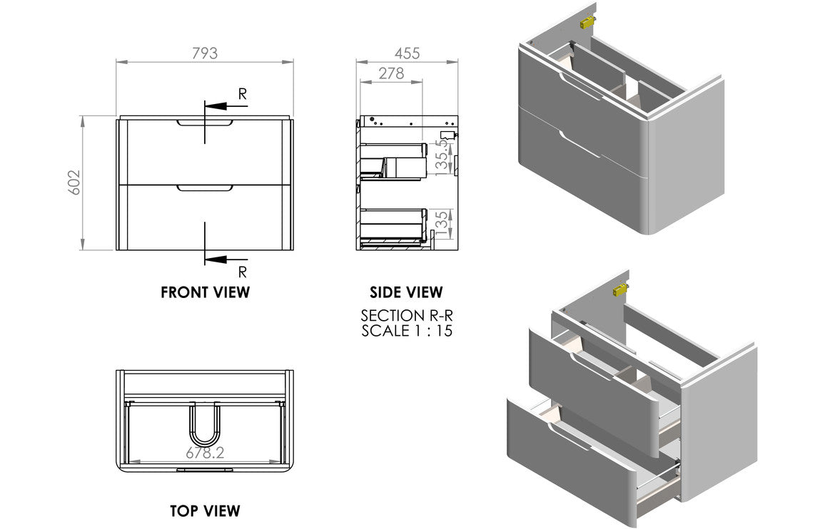Matt gray basin unit technical diagram showing front, side, top view and internal section