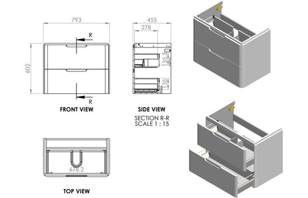 Matt gray basin unit technical diagram showing front, side, top view and internal section