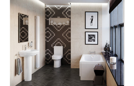 White close-coupled toilet with soft-close seat, front view