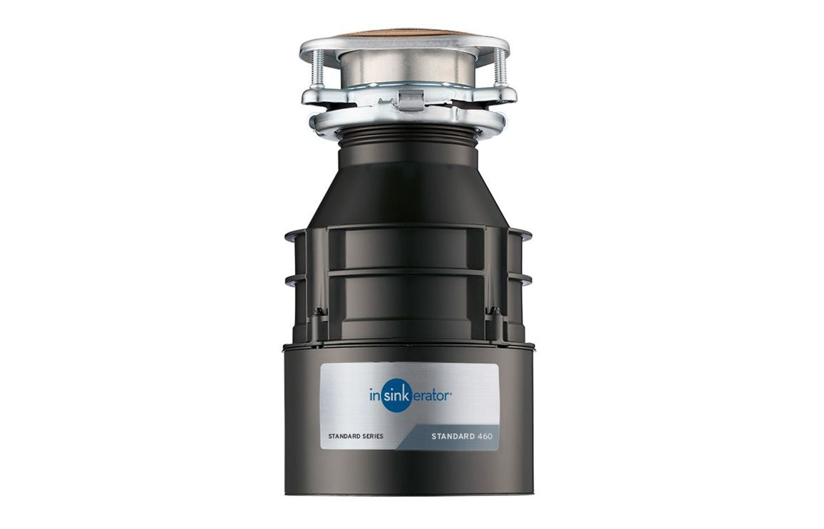 InSinkErator waste disposer unit with dark body and chrome top, front view