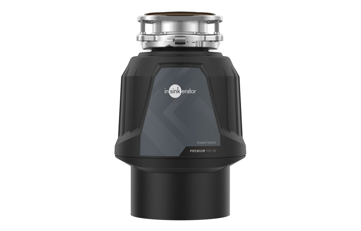 InSinkErator waste disposal unit in black with stainless steel mounting collar