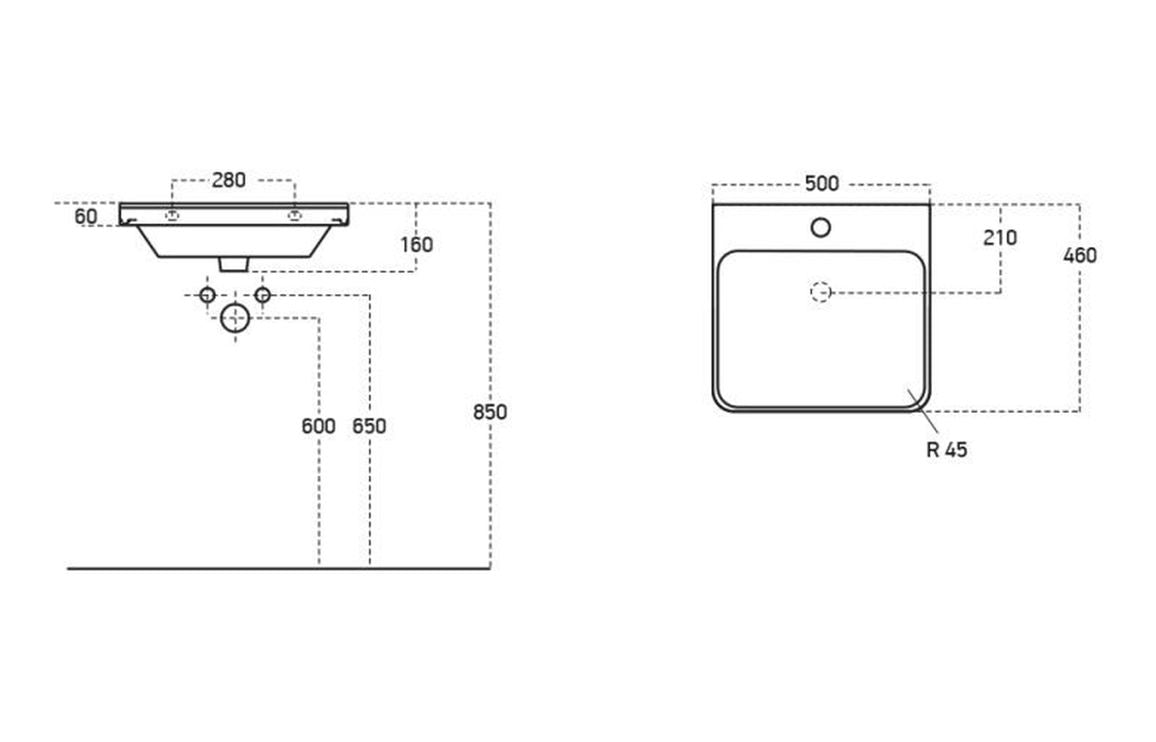Matt gray 2-drawer basin unit with curved ceramic sink, shown with size diagram