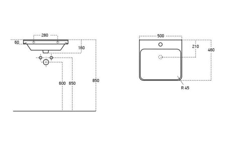 Matt gray 2-drawer basin unit with curved ceramic sink, shown with size diagram