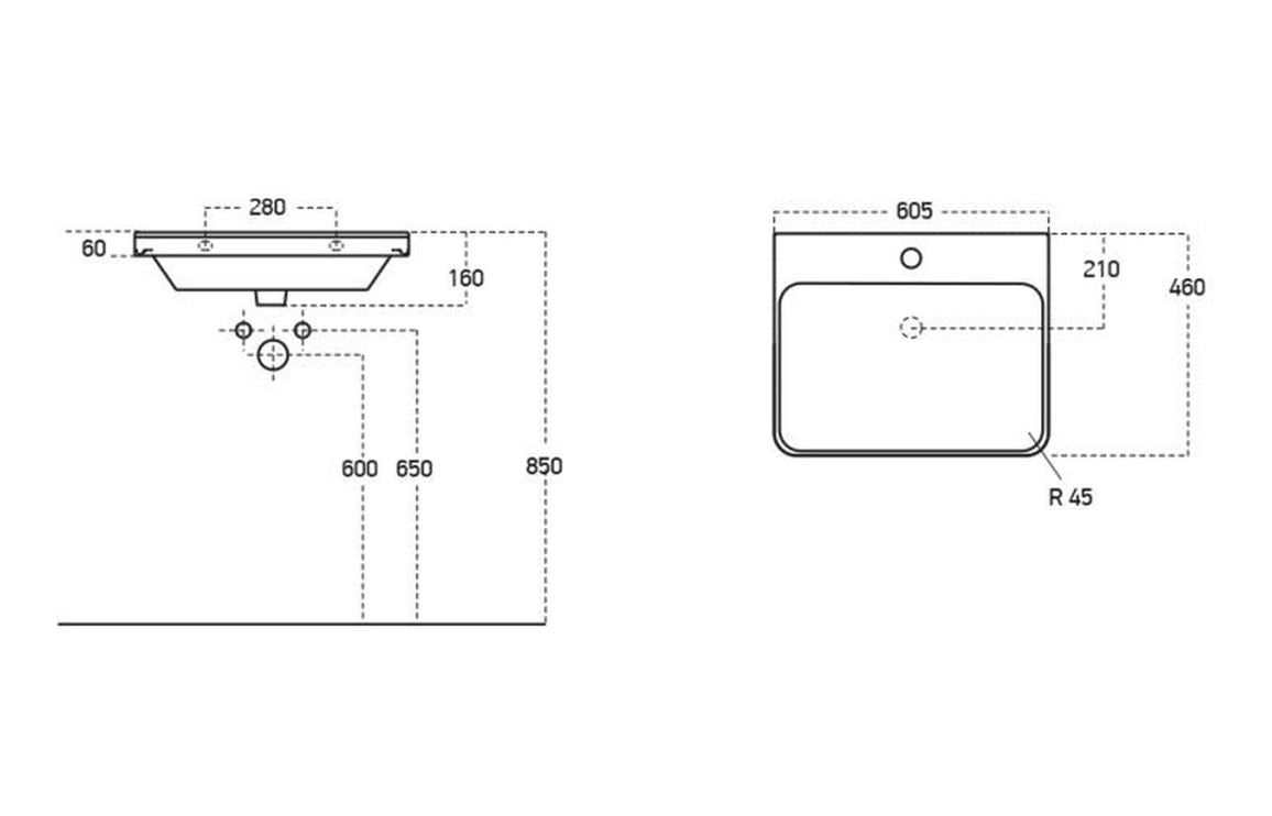 Matt gray basin unit size diagram with curved ceramic basin and 2 drawers (dimensions)