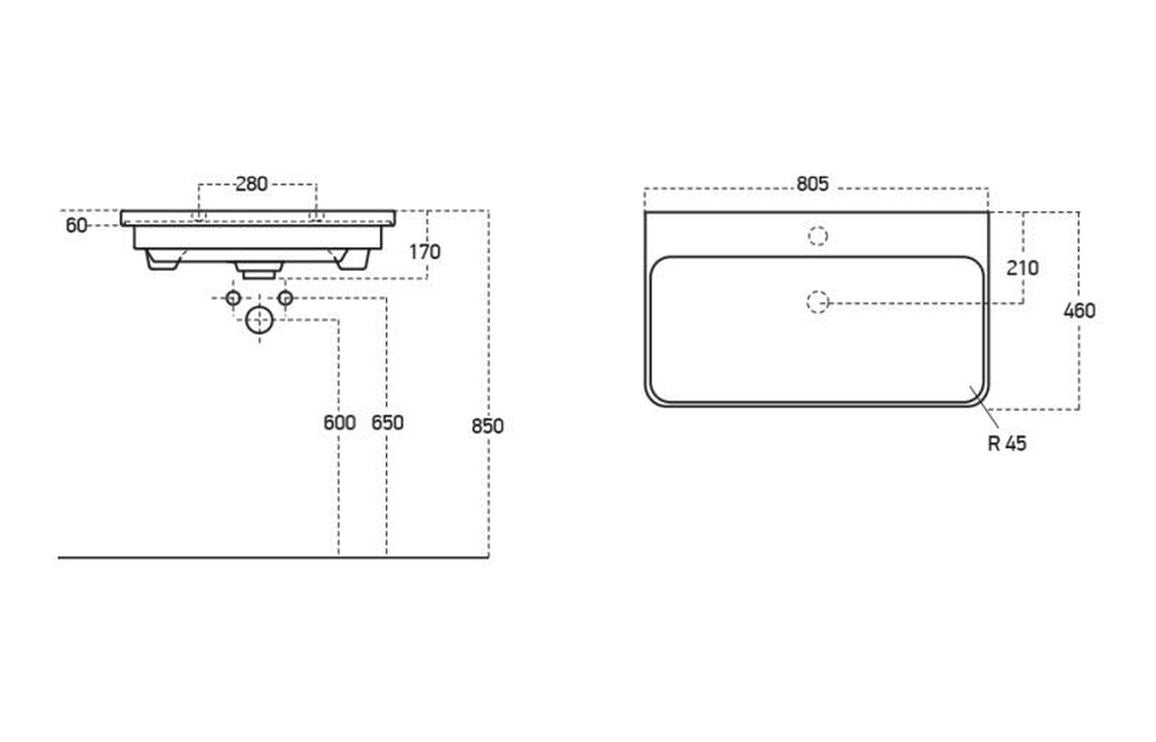 Matt gray basin unit dimension diagram: side and front elevations with curved basin