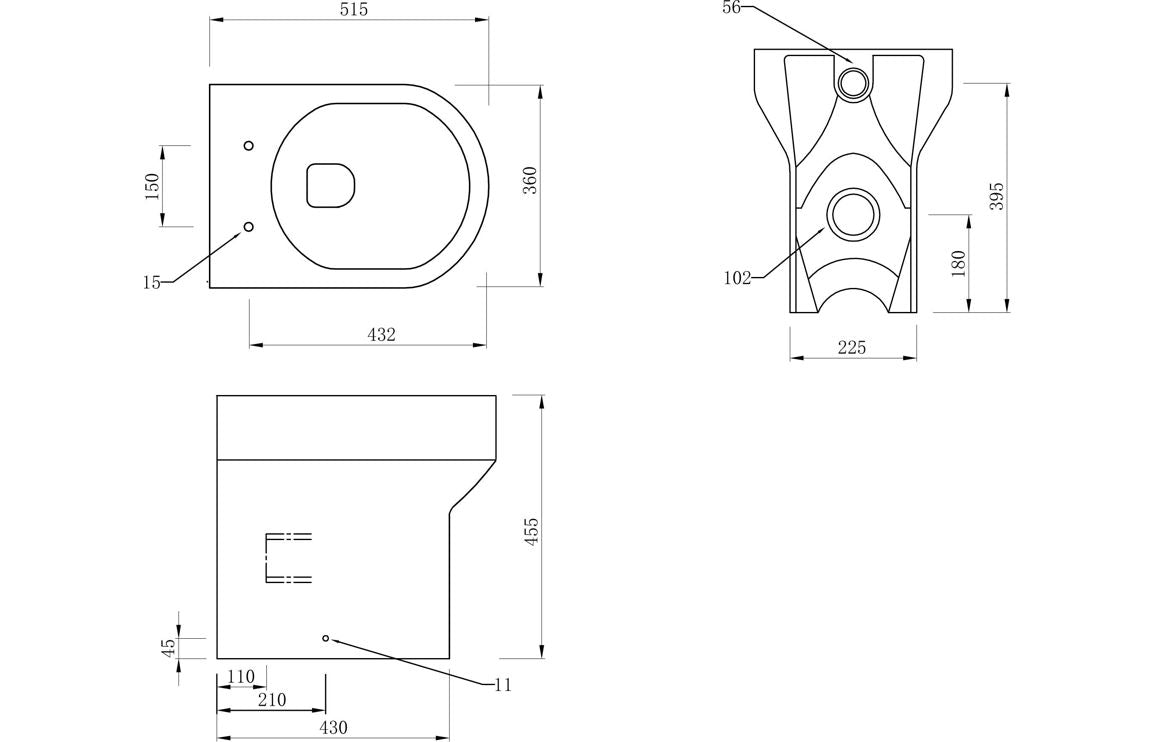 Technical line drawing of comfort height back-to-wall toilet pan dimensions