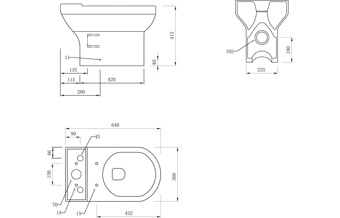 Technical dimension diagram of a close-coupled toilet pan and cistern