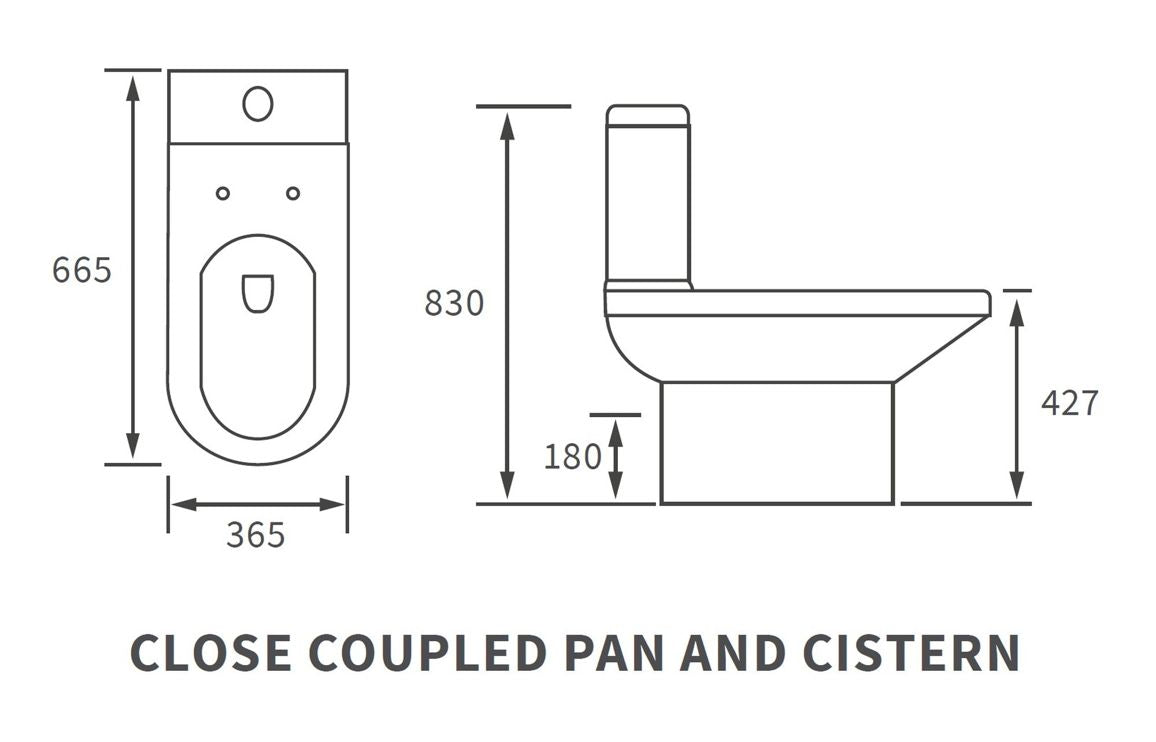 Close-coupled toilet pan and cistern dimensions diagram