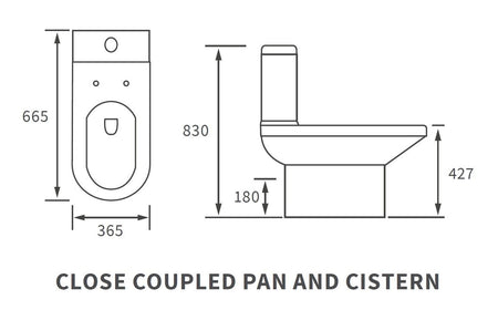 Close-coupled toilet pan and cistern dimensions diagram