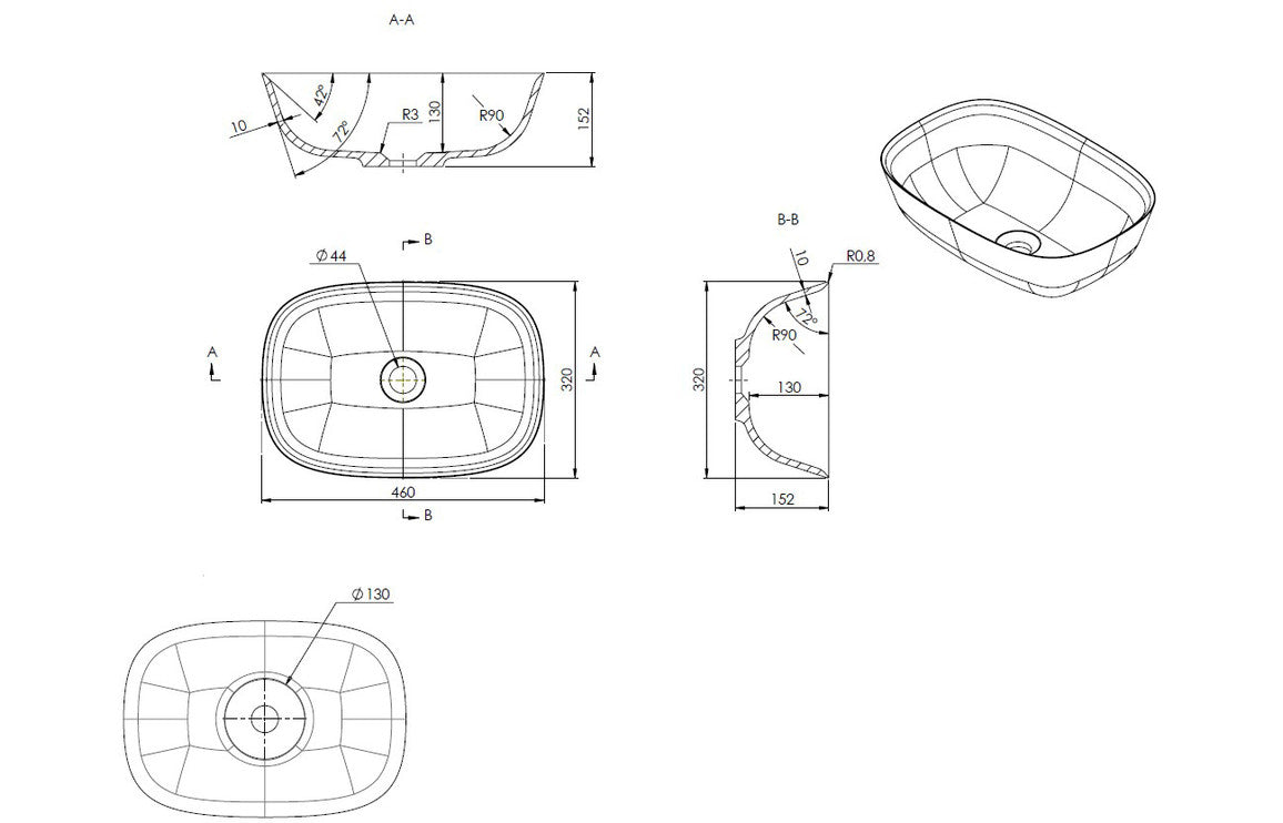 Resin washbowl technical diagram with size measurements