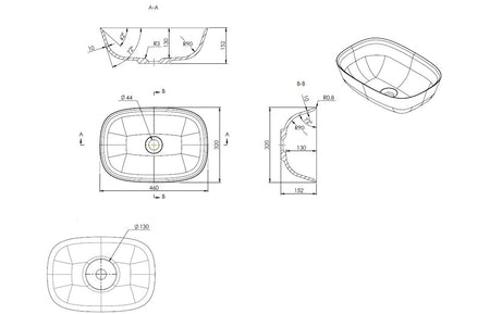 Resin washbowl technical diagram with size measurements