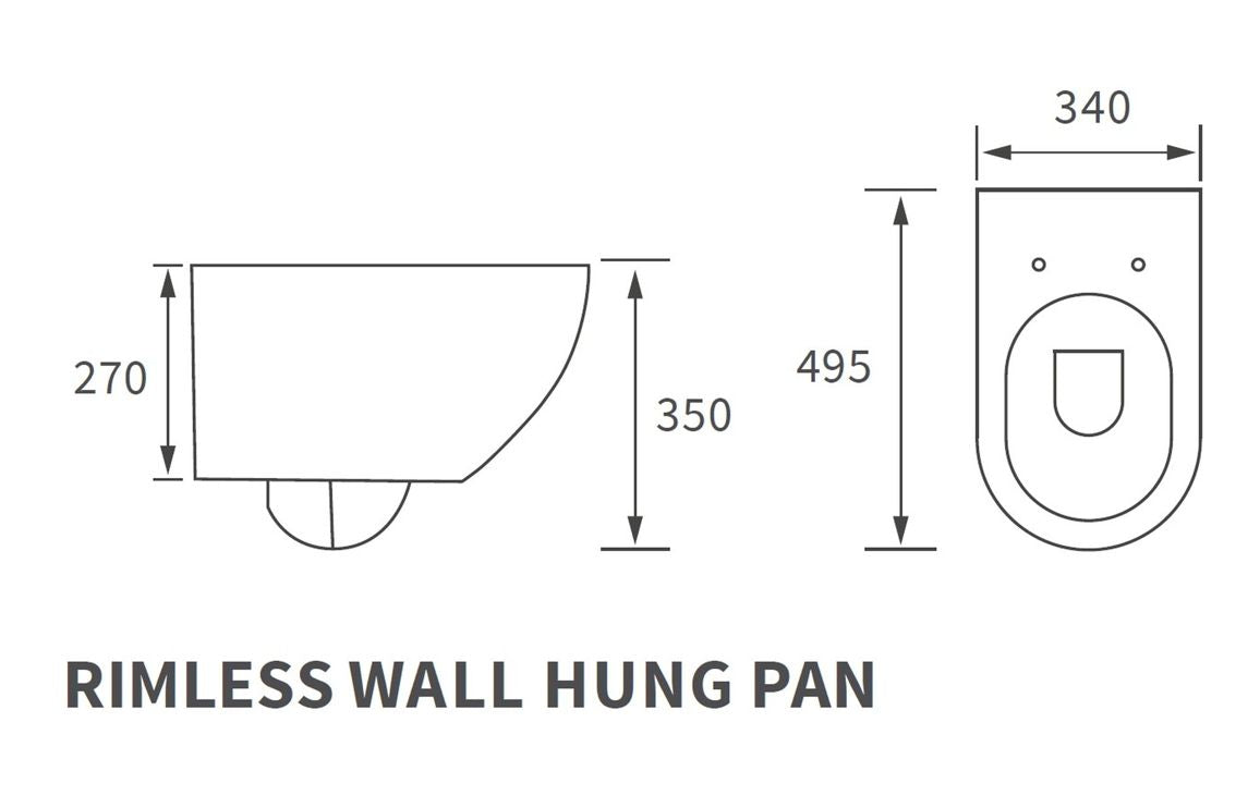 Rimless wall-hung toilet pan side view and top outline, white ceramic